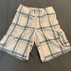 OP Ocean Pacific Shorts Mens Medium White Blue Plaid Board Swim Trunks Cargo
